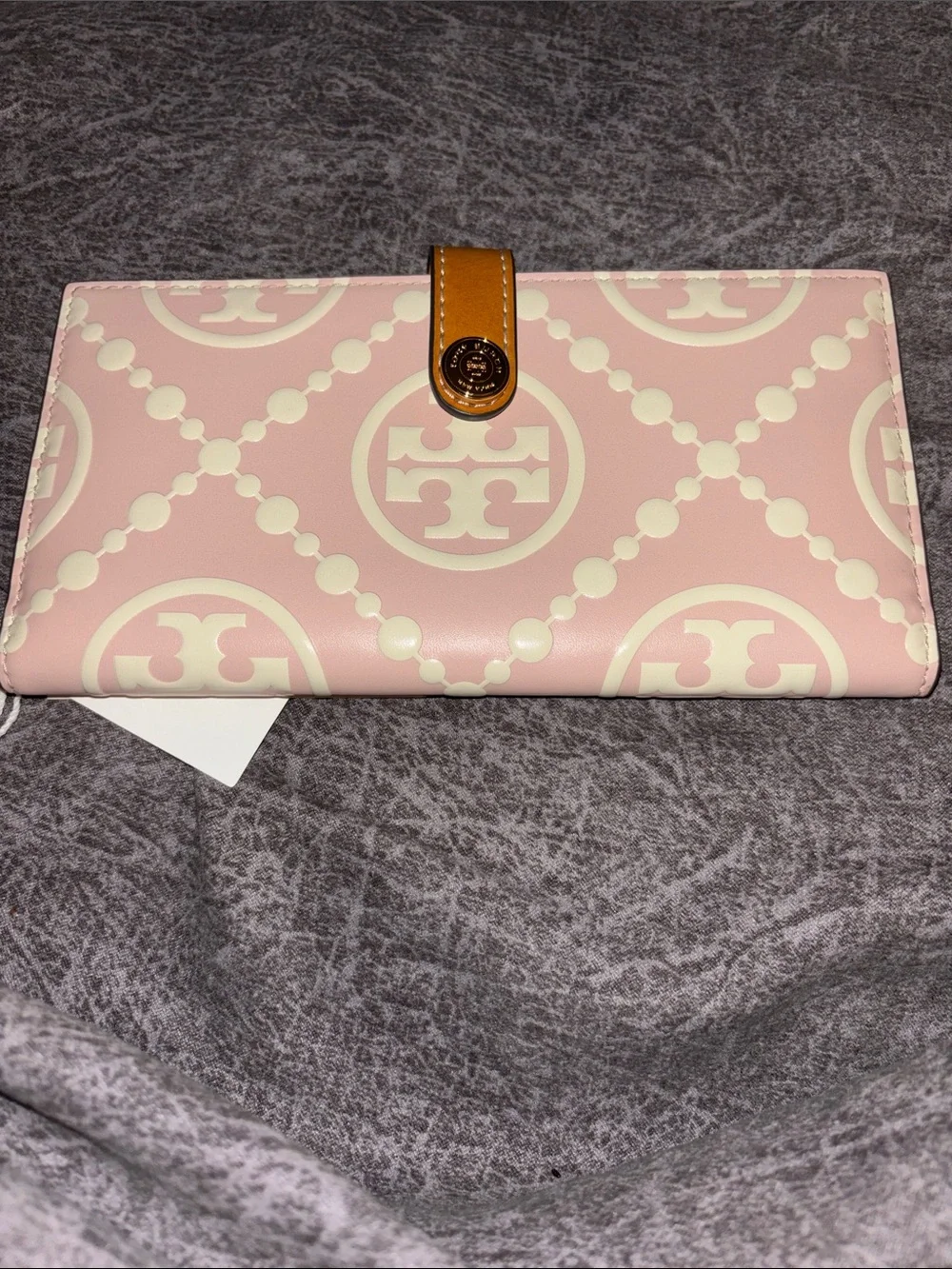 Tory Burch Pink & Cream Logo-Print Leather Card Holder with Tan Snap